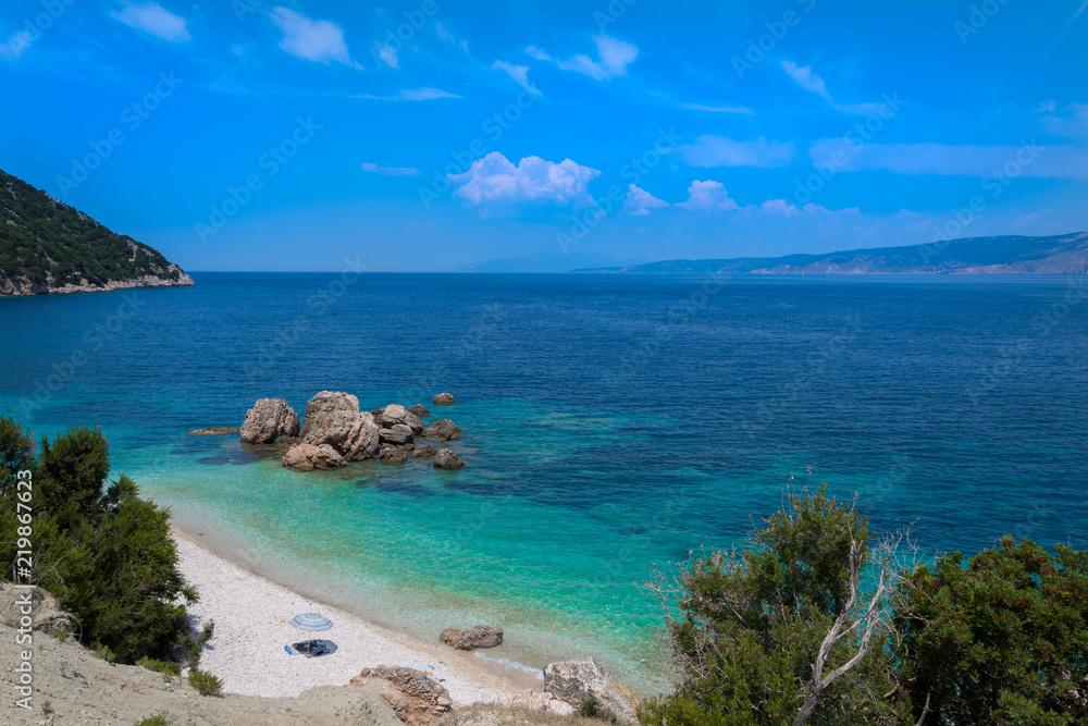 Vouti beach in Kefalonia ionian island, Greece. A secluded majestic beach with turquoise sea waters