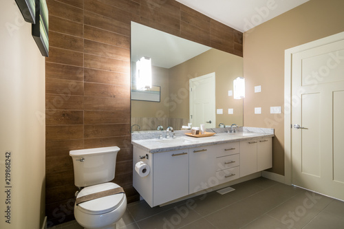 Interior design of a luxury bathroom with a wood wall and a large mirror.