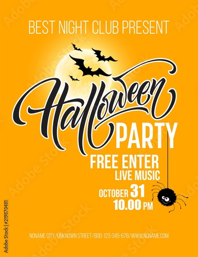 Halloween party poster with flying bats and yellow moon