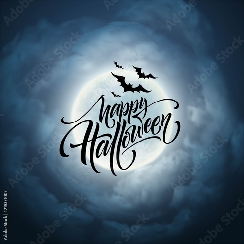 Halloween glowing night background with the moon, bats. Calligraphy, Lettering. Vector illustration