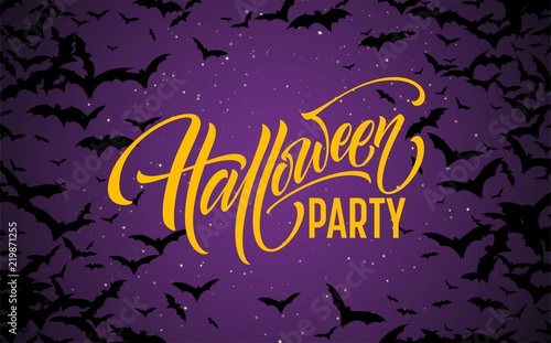 Halloween glowing night background with bats. Calligraphy, Lettering. Vector illustration