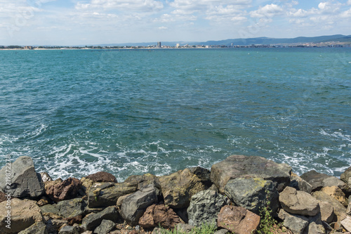 Panorama from coastline of Nessebar to resorts of Sunny Beach, St. Vlas and Elenite, Burgas Region, Bulgaria photo