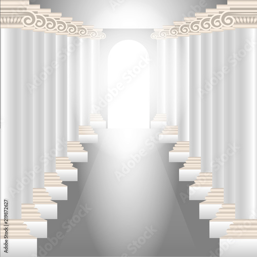 column hall. Gorgeous corridor with columns and a glowing heavenly light at the end.