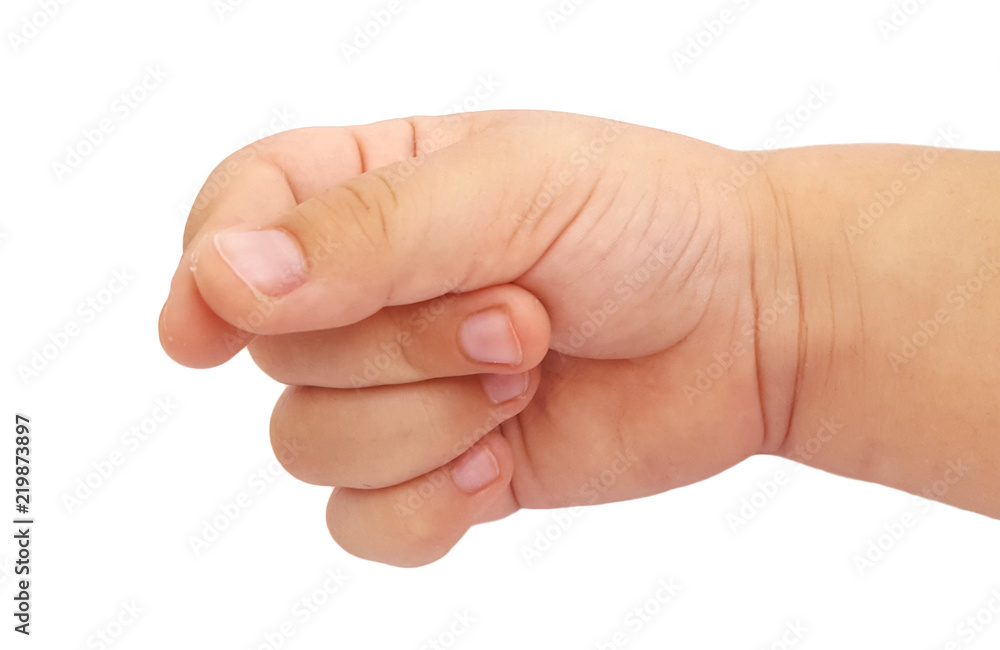Kid hand holding something on white background Kid hand holding something on white background
