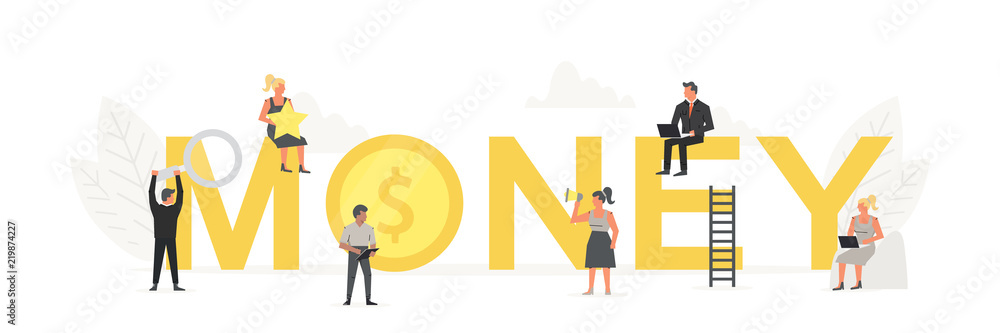 Big word Money with small working people around it. Vector creative business banner for design concept. Illustration for presentations on white background Big word Money with small working people around it. Vector creative business banner for design concept. Illustration for presentations on white background