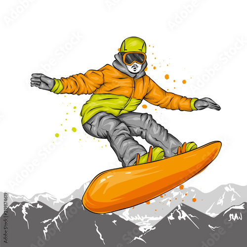 A snowboarder in colorful clothes. Vector illustration. Sports, extreme sports, outdoor activities.