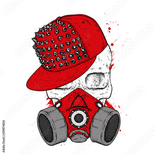 A stylish skull with a cap and respirator for graphics. A print on clothes or an illustration for a postcard and a poster. Vector drawing.  Mask.
