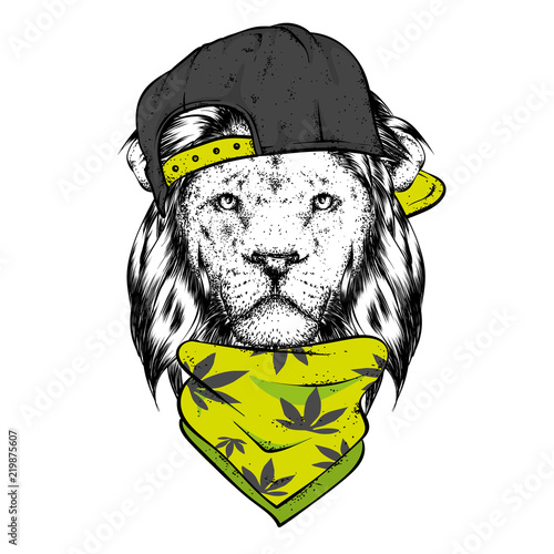 Fototapeta Naklejka Na Ścianę i Meble -  A beautiful lion in a cap and scarf. Vector illustration for a postcard or a poster, print for clothes. Wild animal.