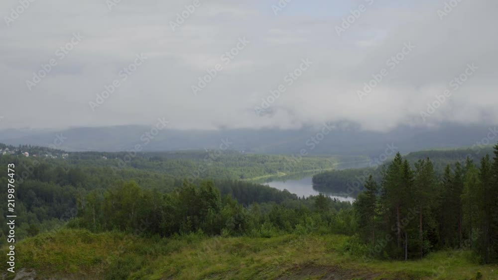 Valley with houses mountain landscape, the river misty morning Valley with houses mountain landscape, the river misty morning