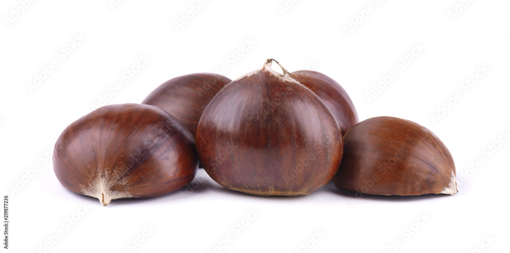 Fresh chestnuts with peeled roasted chestnut isolated on white background. Hippocastanum isolated Fresh chestnuts with peeled roasted chestnut isolated on white background. Hippocastanum isolated