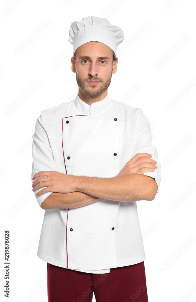 Professional chef wearing uniform on white background