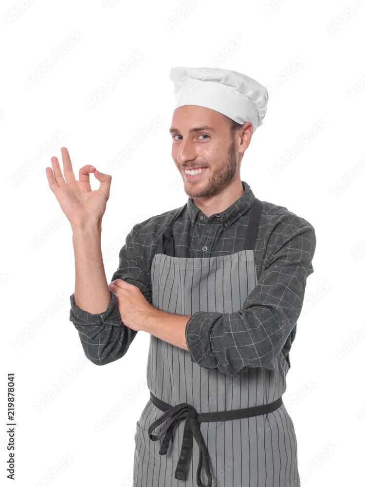 Professional chef wearing uniform on white background
