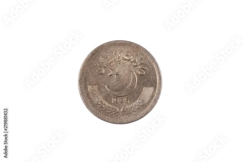 A super macro image of an old 50 Pakistani rupee coin isolated on a white background