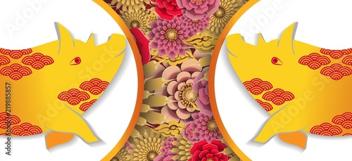 Happy chinese new year 2019 Zodiac sign with gold paper cut art and craft style on color Background