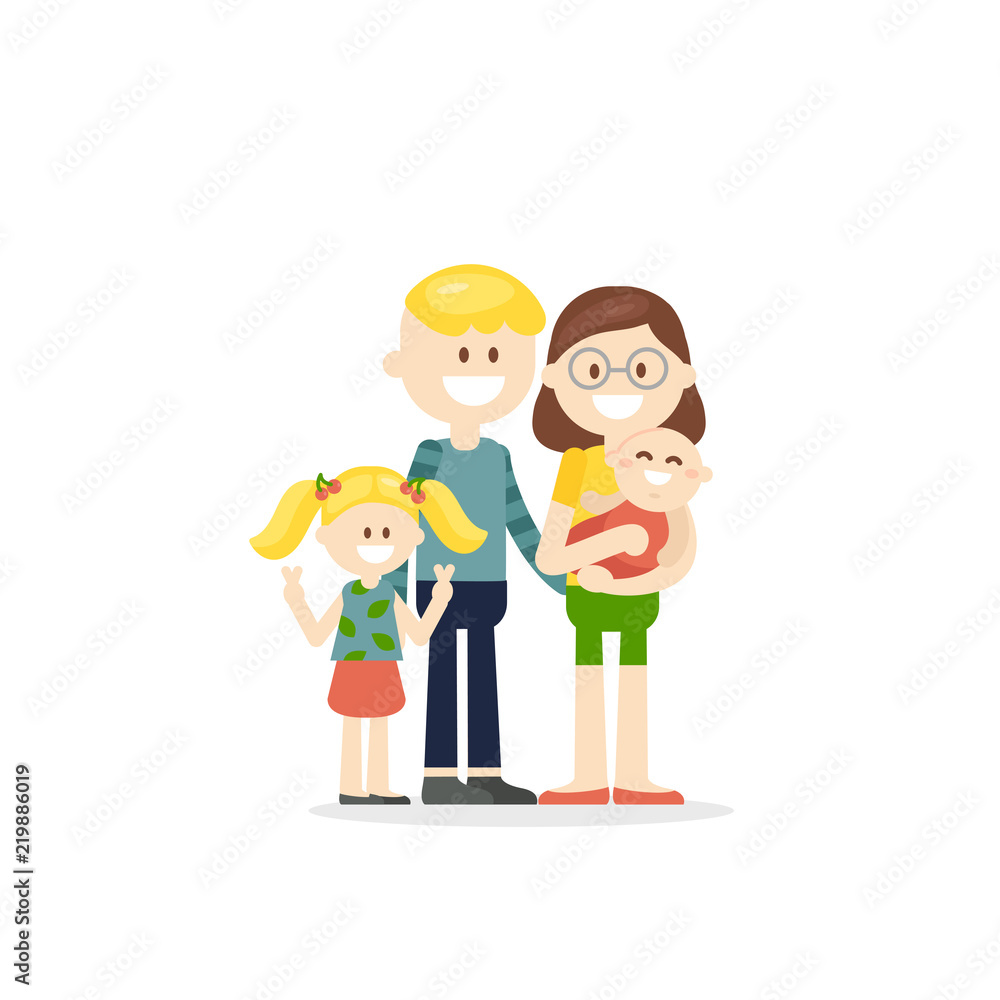 Cartoon happy parents with newborn baby and cheerful girl smiling isolated on white background Cartoon happy parents with newborn baby and cheerful girl smiling isolated on white background