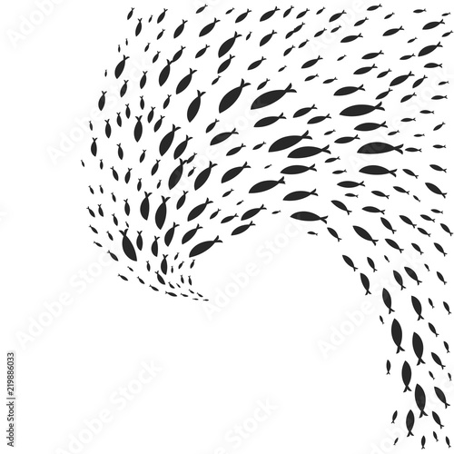 Vector spiral shoal of black silhouette of fish swimming isolated on whit background