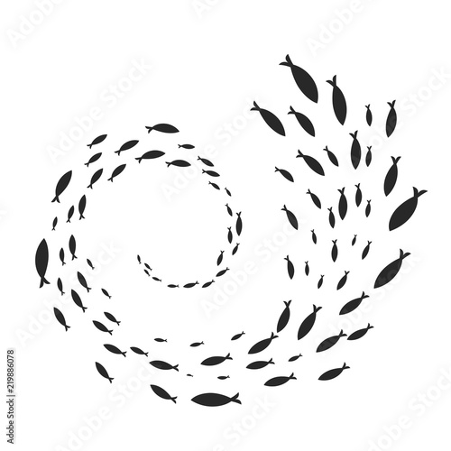 Canvas Print Minimalist design of black fish silhouettes swimming in spiral shape isolated on