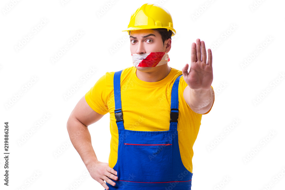 Funny worker wearing coveralls with tape Funny worker wearing coveralls with tape