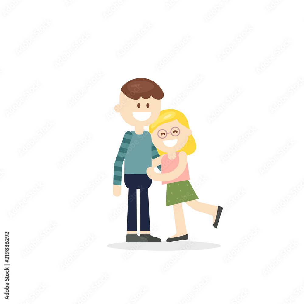 Adorable cartoon young girl and boy embracing happily isolated on white background Adorable cartoon young girl and boy embracing happily isolated on white background