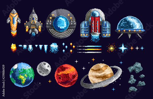 Colorful pixel design of game spacecraft with planets and moving elements on blue background 