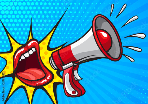 Retro pop art vector design of banner with red lips screaming in megaphone making announcement on blue background