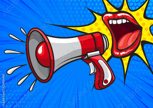 Colorful cartoon vector design of red lips screaming and spreading information with megaphone in pop art style 