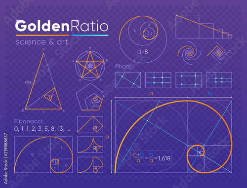 Vector set of various figures and shapes in law of golden ratio composed on purple transparent background