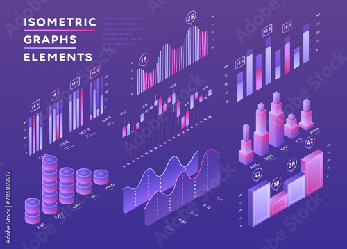 Vector isometric set of charts and graphs elements on bright purple background 