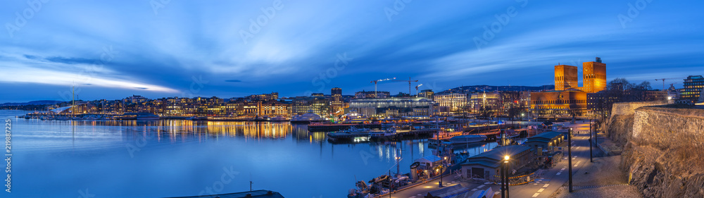 Oslo panorama night city skyline at Oslo City Hall and Harbour, Oslo Norway - obrazy, fototapety, plakaty 