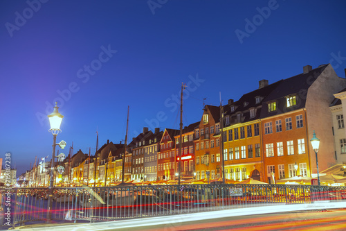 Copenhagen night city skyline at Nyhavn harbour, Copenhagen Denmark