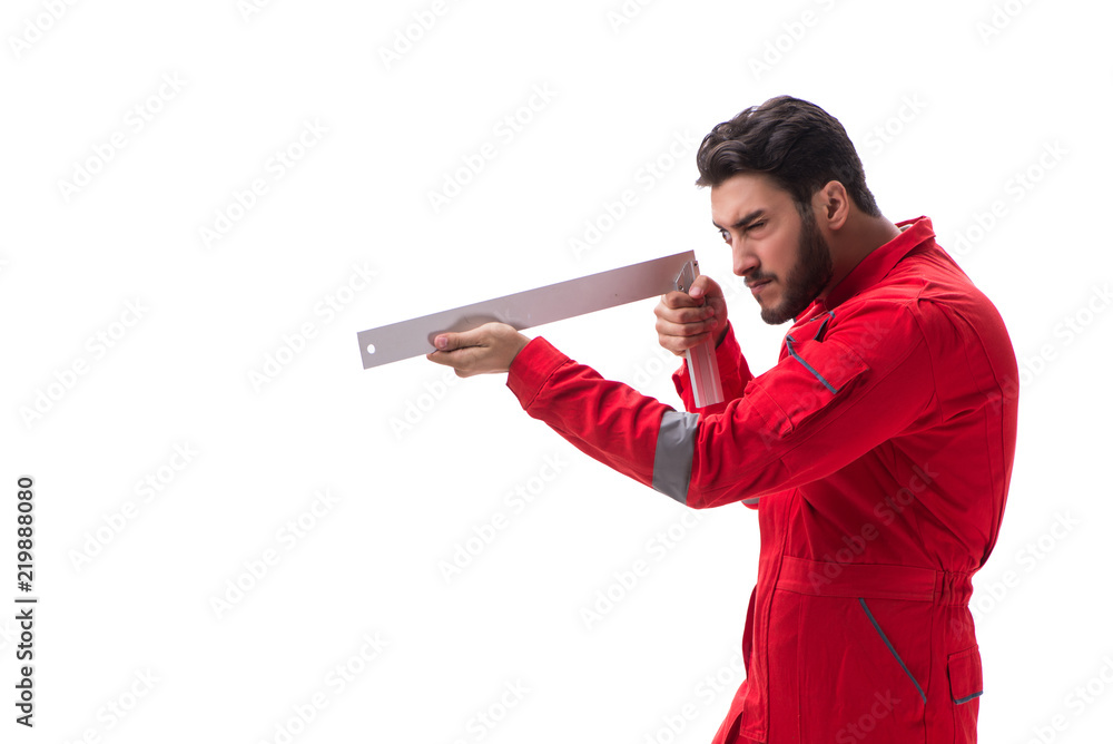 Young repairman with a square ruler isolated on white background Young repairman with a square ruler isolated on white background