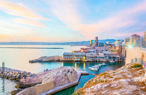 Sunset view of seaside of Marseille, France photo
