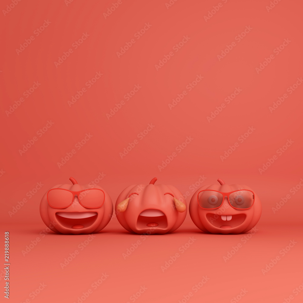 Cute smiling cartoon orange pastel pumpkin head jack with sunglasses and crying emoji, copy space text. Design creative concept for happy Halloween festival, 3D rendering illustration. Cute smiling cartoon orange pastel pumpkin head jack with sunglasses and crying emoji, copy space text. Design creative concept for happy Halloween festival, 3D rendering illustration.