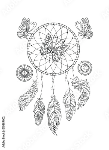 black and white ornamental  dreamcatcher and butterfies for adult coloring
