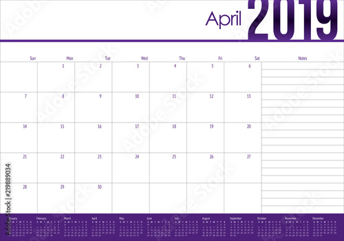 April 2019 desk calendar vector illustration