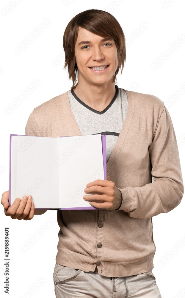 Caucasian male holding an open blank book Caucasian male holding an open blank book