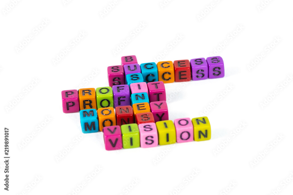 BUSINESS SUCCESS PROFIT MONEY VISION text made from colorful beads or letter bead on white background, finance and business concept. BUSINESS SUCCESS PROFIT MONEY VISION text made from colorful beads or letter bead on white background, finance and business concept.