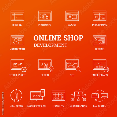Online shop development. Icons set. Thin and thik lines. White on orange.