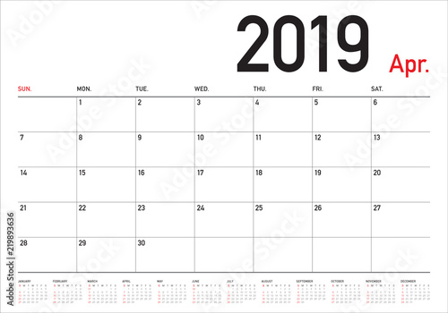 April 2019 desk calendar vector illustration