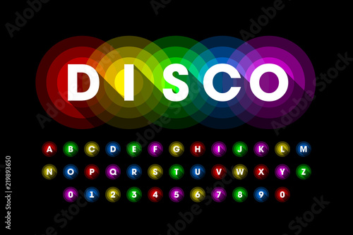 Colorful disco style font design, alphabet letters and numbers