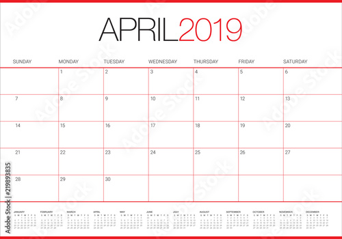 April 2019 desk calendar vector illustration