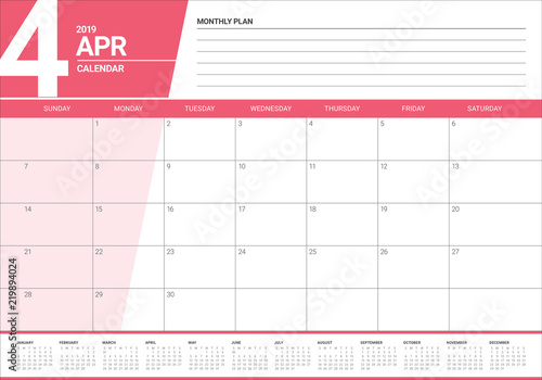 April 2019 desk calendar vector illustration