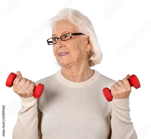 Portrait of old Woman with dumbells, Isolated on Transparent