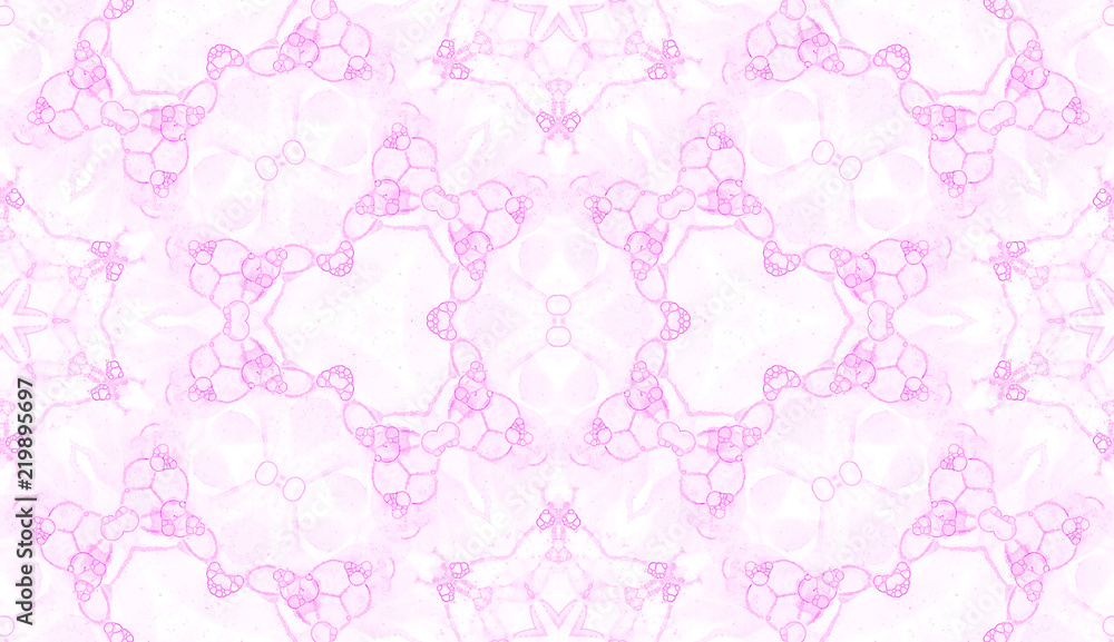 Pink seamless pattern. Astonishing delicate soap bubbles. Lace hand drawn textile ornament. Kaleidos
