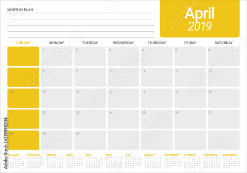 April 2019 desk calendar vector illustration