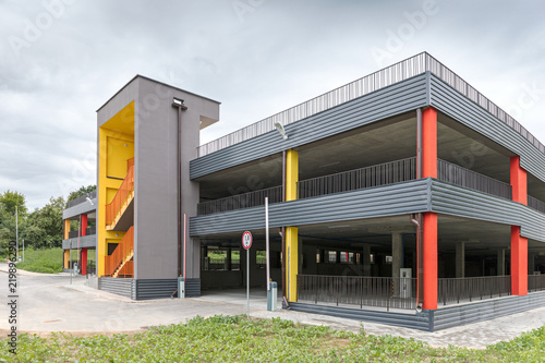 modern multi-levels parking garage with emergency external fire escape