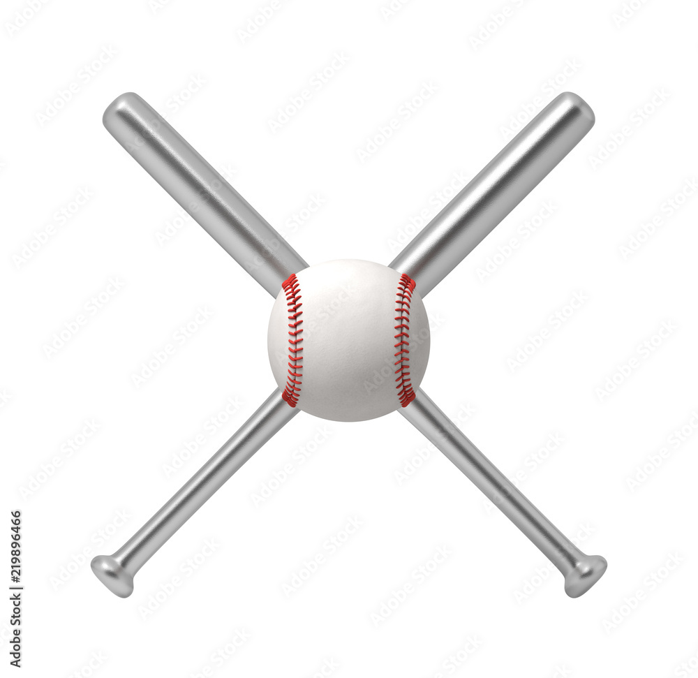 3d rendering of two steel baseball bats making a cross shape with a giant white baseball in front of them. 3d rendering of two steel baseball bats making a cross shape with a giant white baseball in front of them.