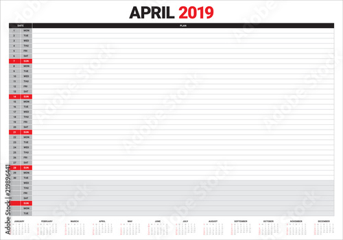 April 2019 desk calendar vector illustration