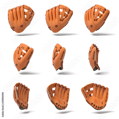 Bild auf Leinwand 3d rendering of many orange leather baseball gloves in different angles of view on a white background