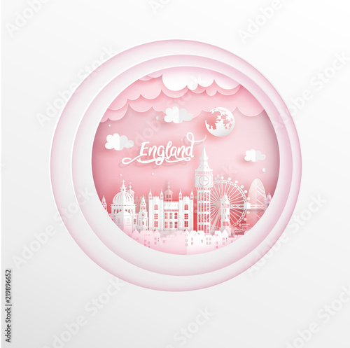 World famous landmark of England in a circle white frame with colorful design in paper cut style vector illustration for travel poster, postcard and advertising. photo